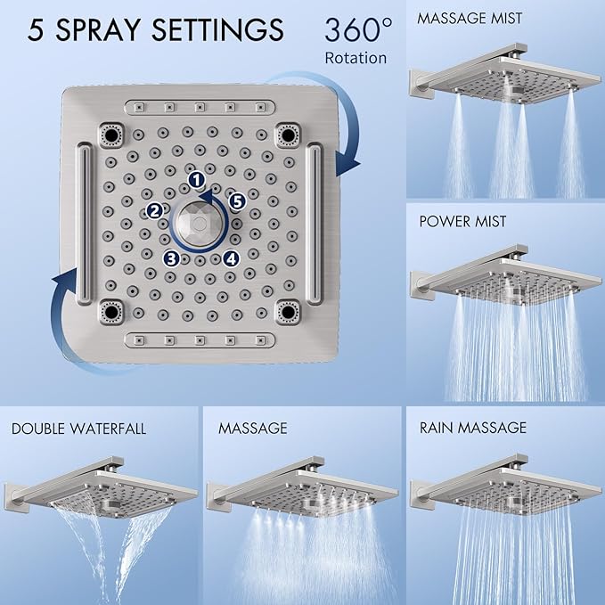 ELLO&ALLO Shower Tub Shower Faucet Set Brushed Nickel Mixing Valve and Trim Kit, Rainfall Waterfall Shower Head with Handheld Combo