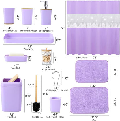 24PCS Bathroom Sets with Shower Curtain and Rugs,Bathroom Sets with Extra Soft and Absorbent Bath Rugs Purple Shower Curtain Set