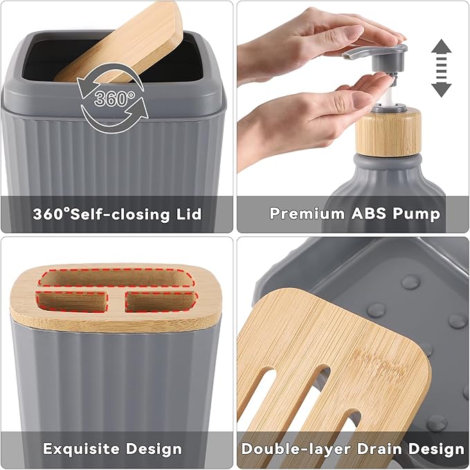 32PCS Grey Bathroom Accessories Set with Shower Curtain,Rugs,Trash Can,3PCS Lotion Soap Dispenser, Toothbrush Holder, Soap Dish,Tumbler Cup,6PCS Wood Tags Bath Accessories with Tray for Bathroom