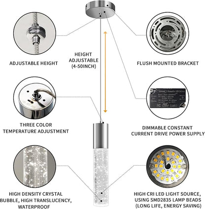OKELI Modern Pendant Light,3 Color LED Bubble Crystal Island Light Fixtures,Chrome Mini Pendant Lighting for Kitchen Island,Bar,6W,3000-6000K,ETL