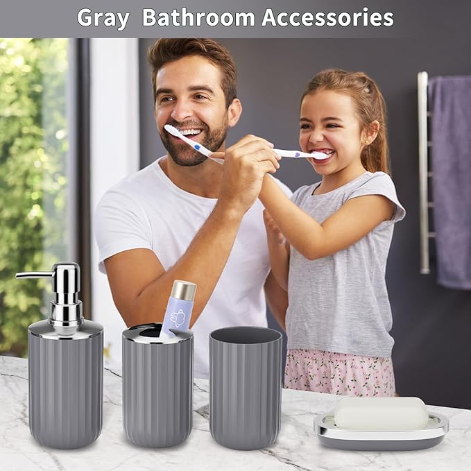 9PCS Gray Bathroom Accessories Set Complete with Trash Can, Vanity Tray, Soap Dispenser, Soap Dish, Toothbrush Holder, Toothbrush Cup, Toilet Brush and Qtip Holders