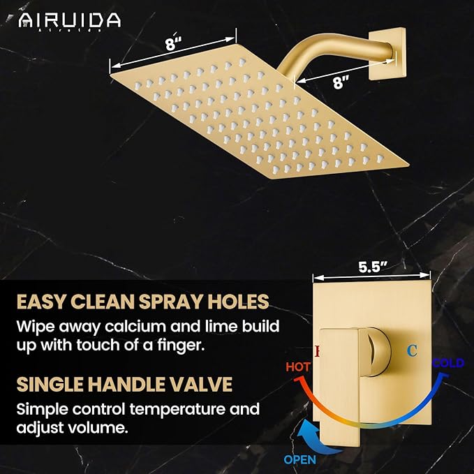 Airuida Shower Faucet Set Bathroom Rain Shower System SUS304 Stainless Steel Single Handle With Male Threads Rough-in Valve Shower Trim Kit 8 Inch Wall Mount Shower Head Brushed Gold