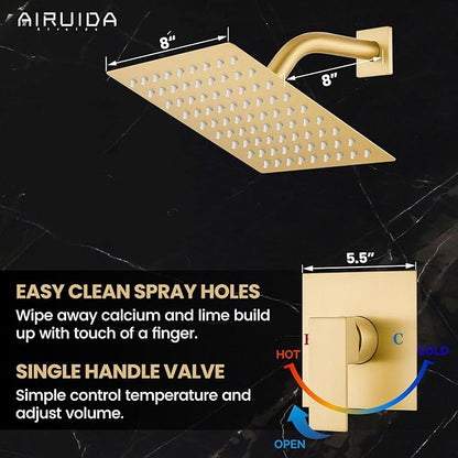 Airuida Shower Faucet Set Bathroom Rain Shower System SUS304 Stainless Steel Single Handle With Male Threads Rough-in Valve Shower Trim Kit 8 Inch Wall Mount Shower Head Brushed Gold