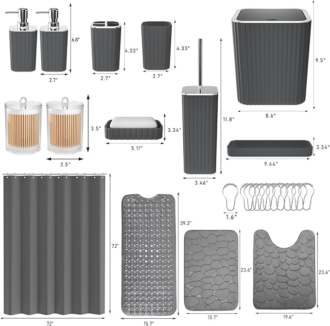 26PC Bathroom Accessories Set - Gorgeous Grey Bathroom Set, Bathroom Accessory Set, Shower Curtain Set with Bathtub Mats for Shower Tub, Trash Can & Soap Dispenser
