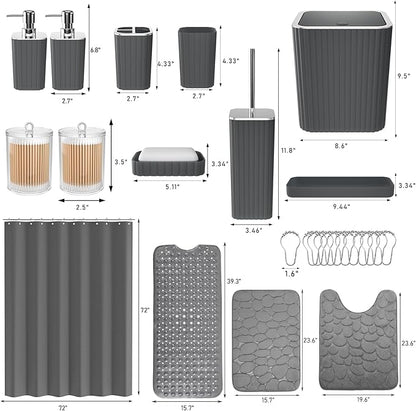 26PC Bathroom Accessories Set - Gorgeous Grey Bathroom Set, Bathroom Accessory Set, Shower Curtain Set with Bathtub Mats for Shower Tub, Trash Can & Soap Dispenser