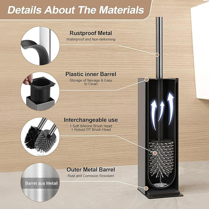 BGL Standing Toilet Brush and Holder GunGrey Aluminium Toilet Bowl Cleaner Brush and Holder for Bathroom Storage and Organization, Square Design Sturdy and Space Saving