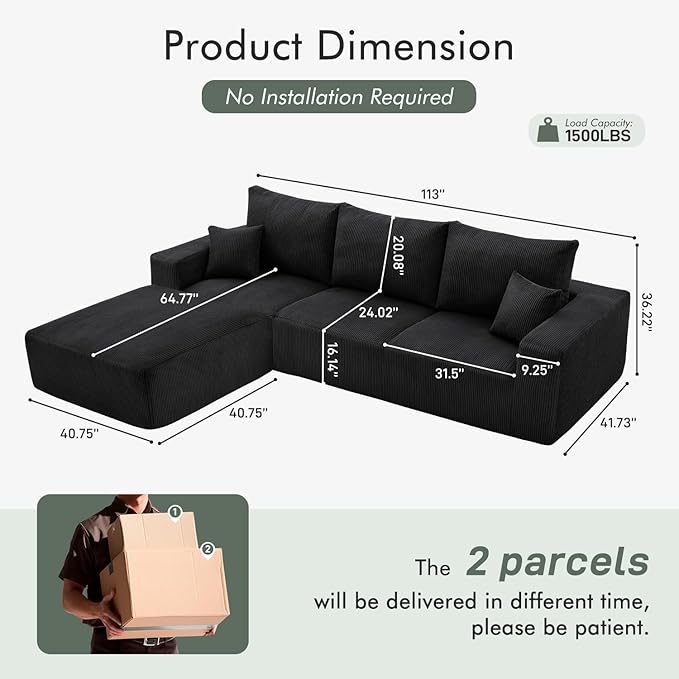 Boneless Sectional Cloud Couch Sofa for Living Room, 112" L-Shaped Modular Modern Lounge Sleeper Black Couches with Chaise, No Assemble, Cordury Compression Upholstered Sofas