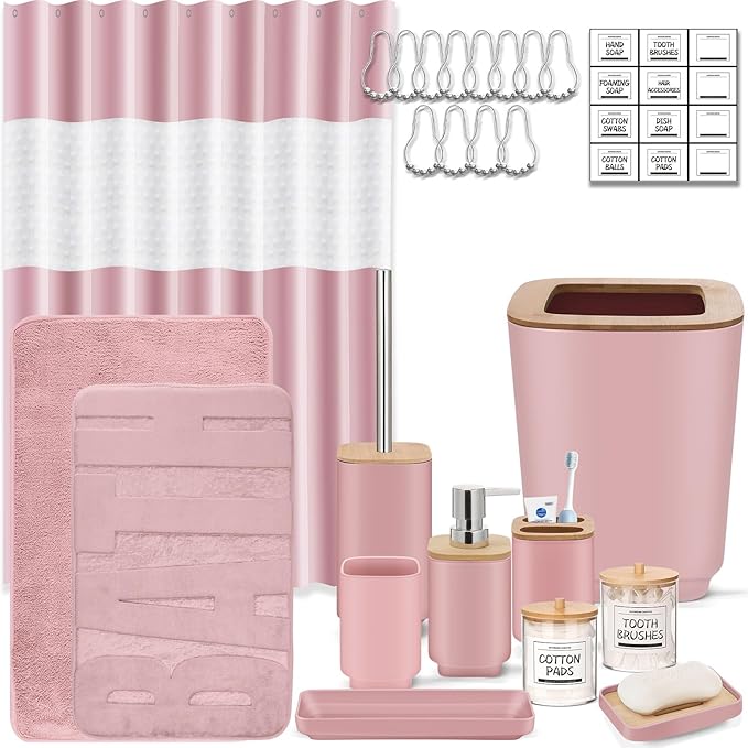 Bathroom Accessories Set,Pink Bathroom Set,24 Pieces Bathroom Accessory Set with Shower Curtain,Trash Can for Bathroom Accessories Décor and Home Gifts