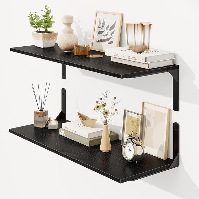 30" W x 12" D Black Floating Shelves for Wall, Deep Wall Shelves with Visible Bracket for Books, Plant, Large Deep Bathroom Shelf for Storage & Display, Set of 2