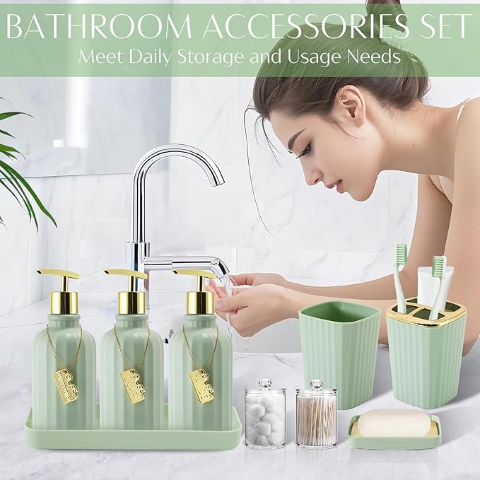 17PCS Bathroom Accessory Set Bathroom Set Green Bathroom Decor,Toilet Brush, Trash Can, Qtip Holder Dispenser& 3PCS Soap Dispenser
