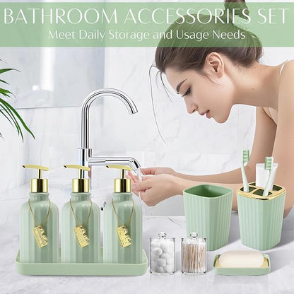 17PCS Bathroom Accessory Set Bathroom Set Green Bathroom Decor,Toilet Brush, Trash Can, Qtip Holder Dispenser& 3PCS Soap Dispenser