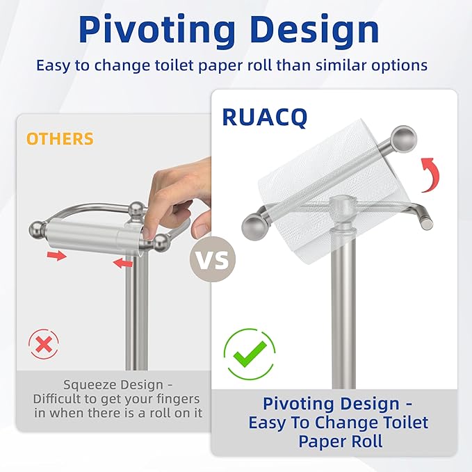RUACQ Toilet Paper Holder Stand, Bathroom Toilet Paper roll Holder Free Standing with Storage for 4 Rolls, Post Pivoting Design, Stable Weighted Base, SUS304 Stainless Steel (Brushed Nickel)
