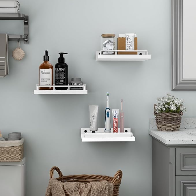 Small Floating Shelf, 6 X 9 Inches Farmhouse Wall Shelves for Living Room, Bedroom, Picture Frames, Plants, Kitchen, Set of 3 (White)