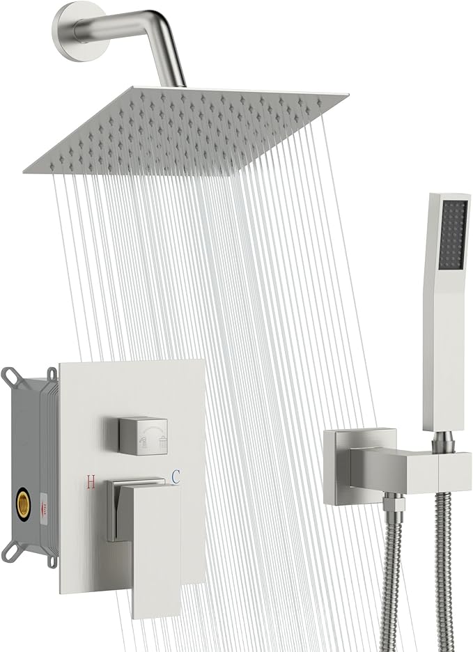 Sarlai Shower Faucet Set Bathroom Square Rainfall Shower Head and Handle Combo Wall Mounted Shower Faucet with Valve 8 Inch Shower Head Trim Systems Brushed Nickel