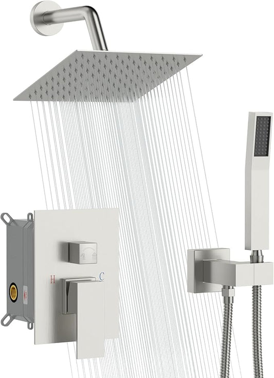 Sarlai Shower Faucet Set Bathroom Square Rainfall Shower Head and Handle Combo Wall Mounted Shower Faucet with Valve 8 Inch Shower Head Trim Systems Brushed Nickel