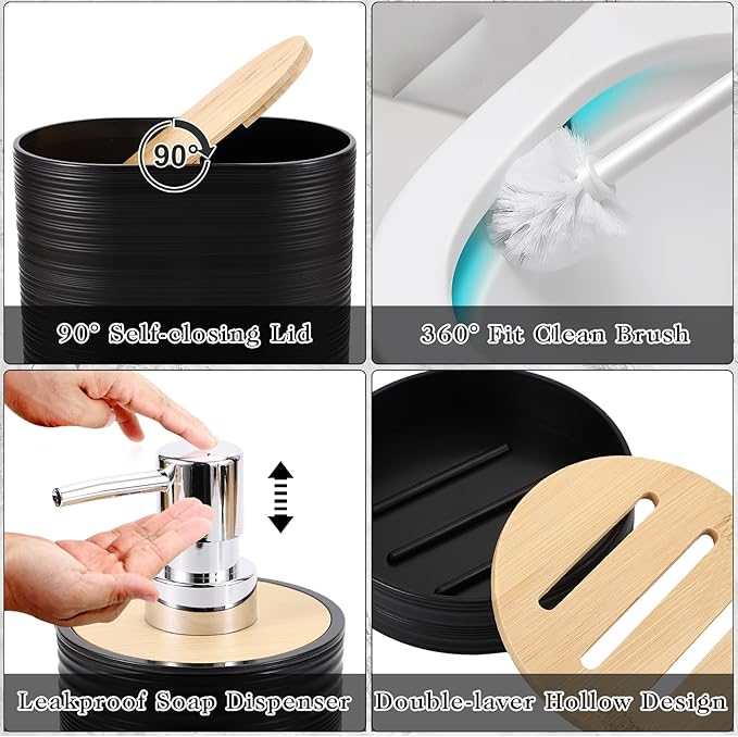 Black Bathroom Set, Black Bathroom Accessories Set with Trash Can, 2PCS Soap Dispensers, Soap Dish, Toothbrush Holder, Toothbrush Cup,Toilet Brush, Tray and Qtip Holders for Bathroom Decor