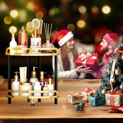 2 Tier Bathroom Organizer Countertop XL Corner Shelf, Black Gold Bathroom Counter Organizers, Large Capacity Vanity Shelves, Corner Skincare Makeup Storage, 9''W x 9''L x 13.78''H