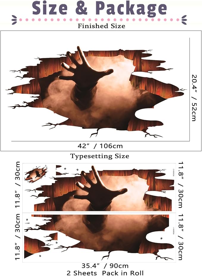 Scary Halloween Floor Decals 3D Stickers for Wall, Ghost Hand Scratching Art Decorations, Removable Vinyl Decor Posters for Bar Pub Spooky Party Supplies