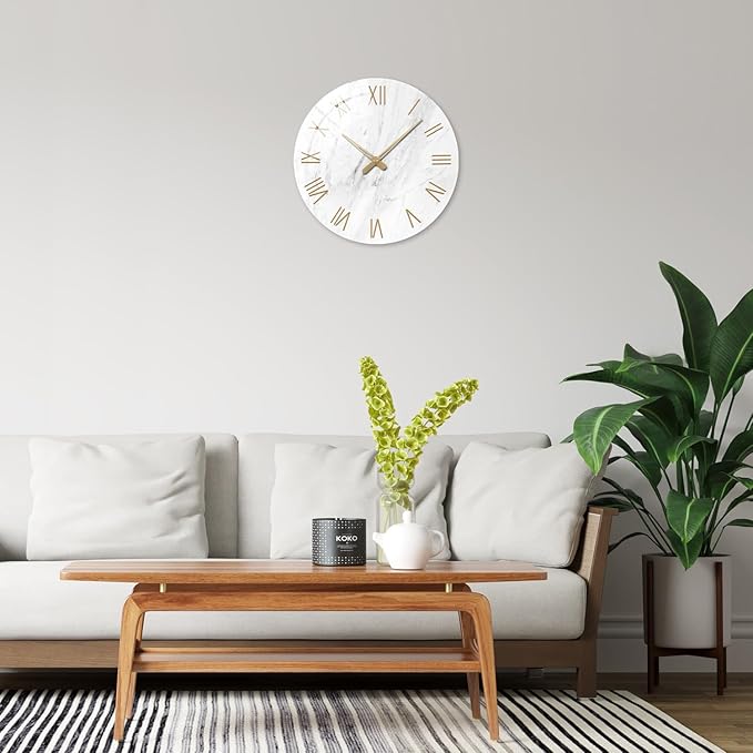 White Small Wall Clocks Battery Operated Marble Analog Clock for Bedroom 12 Inch Round Silent Wall Clock Modern