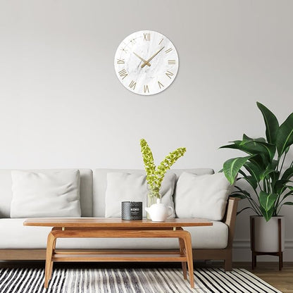 White Small Wall Clocks Battery Operated Marble Analog Clock for Bedroom 12 Inch Round Silent Wall Clock Modern