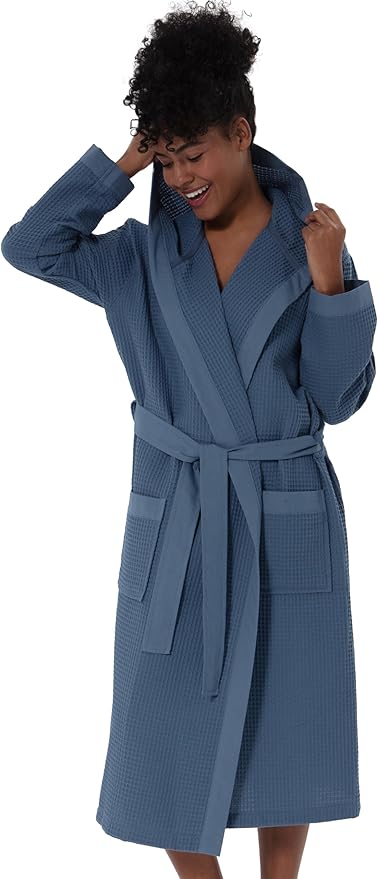 Women’s Luxury Waffle Shawl Collar, Hooded Robe w Piping – Lightweight, Long, Ultra Soft Spa Sleepwear Bathrobe