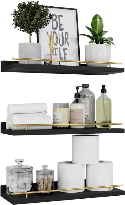 WOPITUES Floating Shelves with Gold Metal Guardrail, Shelves for Wall Decor Set of 3, Wall Shelves for Bedroom, Bathroom, Kitchen, Living Room, Plants, Picture Frames, Art- Black and Gold