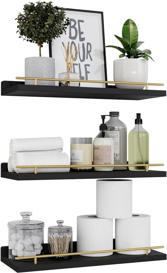 WOPITUES Floating Shelves with Gold Metal Guardrail, Shelves for Wall Decor Set of 3, Wall Shelves for Bedroom, Bathroom, Kitchen, Living Room, Plants, Picture Frames, Art- Black and Gold