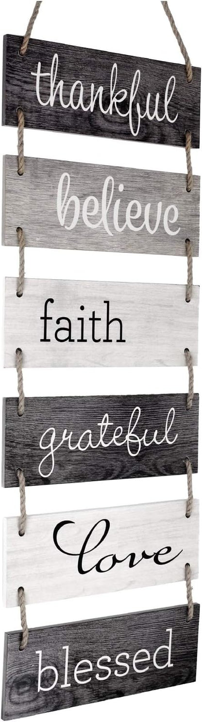 EXCELLO GLOBAL PRODUCTS Large Hanging Wall Sign: Rustic Wooden Decor (Grateful, Love, Believe, Thankful, Faith, Blessed) Hanging Wood Wall Decoration (11.75" x 32")