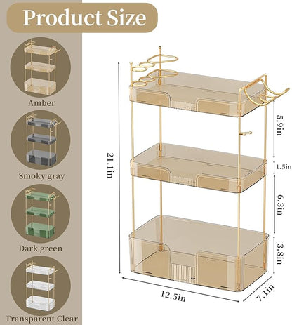 Bathroom Counter Organizer with Hair Dryer Holder, Hair Tool Countertop Storage, Cosmetics Skincare Shelf Organizer, Makeup Organizer Perfume for Dresser Vanity Tray(3 Tier-Gold)