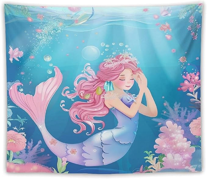 HZOHNAGO Mermaid Girls Tapestry Watercolor Flowers Mermaid Princess Blessing Pattern for Kids Room Decoration Printed Wall Tapestry Wall Hanging for Bedroom Living Room Dorm 60" W x 50" H