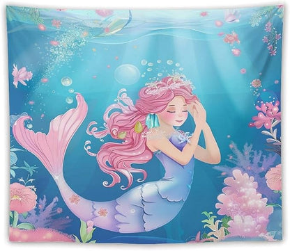 HZOHNAGO Mermaid Girls Tapestry Watercolor Flowers Mermaid Princess Blessing Pattern for Kids Room Decoration Printed Wall Tapestry Wall Hanging for Bedroom Living Room Dorm 60" W x 50" H