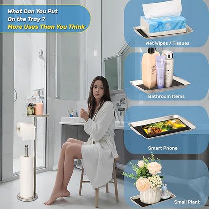 Toilet Paper Holder Stand for Bathroom Floor Freestanding Toilet Roll Dispenser Storages 4 Reserve Rolls, with Top Storage Shelf for Cell Phone (Brushed Nickel)