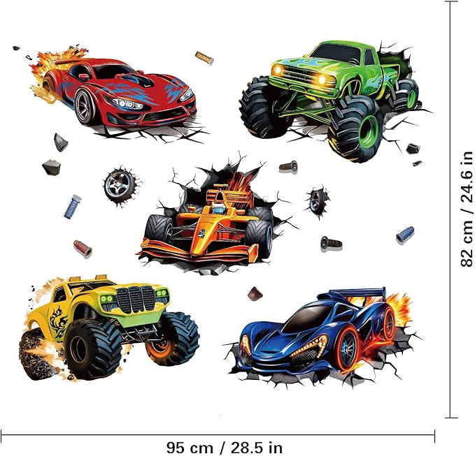 3D Racing Cars Wall Decals - Truck Bursting Through Wall, F1 Racing Cars Wall Stickers for Kids Room Boys Bedroom