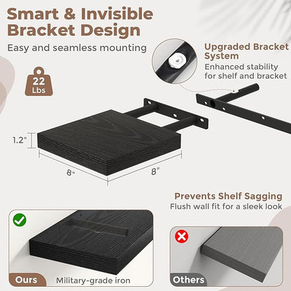 8 Inch Square Floating Shelves for Wall 3 Pack, 8"D Wood Grain Bathroom Shelves with Invisible Brackets, Easy Install Engineered Wood Storage Shelves for Kitchen, Living Room, Bedroom, Black Finish