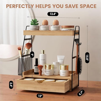 2 Tier Bathroom Counter Organizer with Drawer & Basket, Wooden Vanity Tray Countertop Shelf Accessories for Makeup Storage, Coffee Bar Station, Perfume Skincare, Kitchen, Bedroom (Brown)