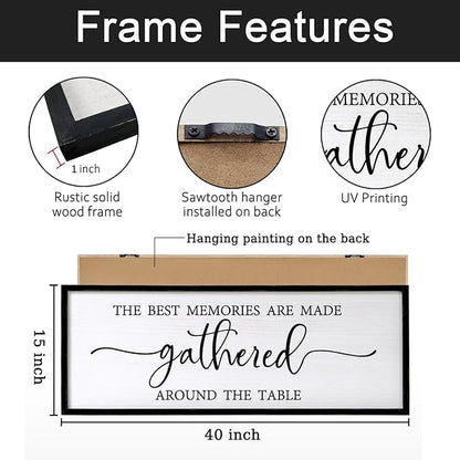 The Best Memories are Made Gathered Around The Table Sign Framed Wall Art, 40''×15'' Rustic Horizontal Plaque with Black Frame for Dinning Living Room, Long Home Family Wood Sign Wall Decor