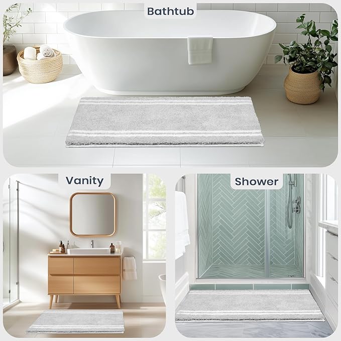 PURRUGS Bathroom Rug Non-Slip Machine Washable 24" x 60", Super Absorbent and Quick Dry Shaggy Microfiber Bath Mat, Extra Soft and Plush Bath Rug for Bathtub, Shower and Sink, Light Grey
