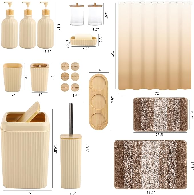 32PCS Bathroom Sets with Shower Curtain and Rugs Beige Bathroom Accessories Set Shower Curtain Set 3PCS Lotion Soap Dispenser Bathroom Accessories with Black Bathroom Decor