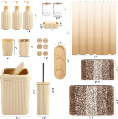 32PCS Bathroom Sets with Shower Curtain and Rugs Beige Bathroom Accessories Set Shower Curtain Set 3PCS Lotion Soap Dispenser Bathroom Accessories with Black Bathroom Decor