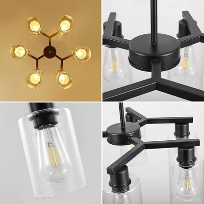 6-Light Black Modern Farmhouse Chandelier for Dining Room Ceiling Light Fixture with Clear Glass Shades, Adjustable Hanging Industrial Pendant Lighting for Living Room Kitchen Island Bedroom Entryway