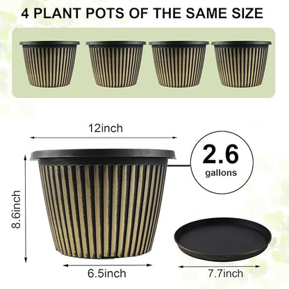 12 inch Planter Indoor Outdoor Plant Pots, 4 Pack Large Plastic Flower Pots with Saucer and Drainage Holes, Decorative Modern Garden Pots for Houseplants