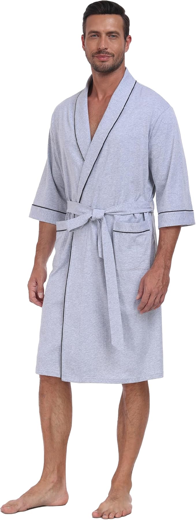 CF Men's Robe Cotton Bathrobe Soft Short Sleeve Bath Robes Shower Robe for Spa Soft Kimono Lightweight Sleepwear with Pockets
