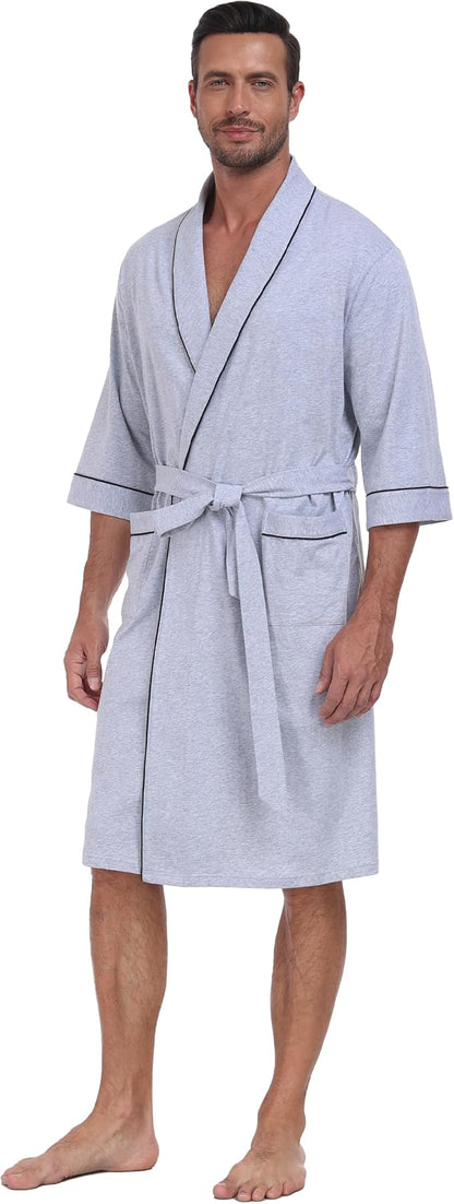 CF Men's Robe Cotton Bathrobe Soft Short Sleeve Bath Robes Shower Robe for Spa Soft Kimono Lightweight Sleepwear with Pockets