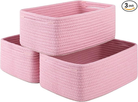 3 Pack Small Storage Baskets for Organizing, Cute Woven Decorative Gift Baskets for Shelves, Mini Closet Organizer Bins with Handles, 11.81''Lx7.87''Wx4.72''H-Pink