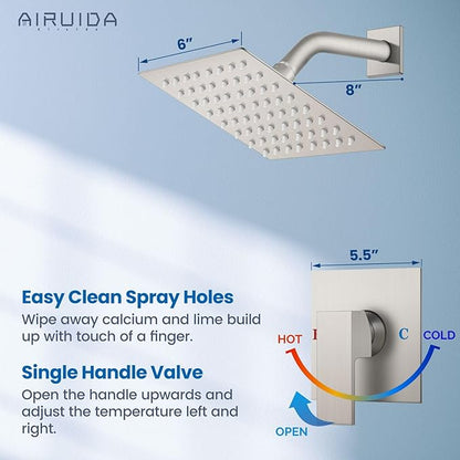 Airuida Shower Faucet Set Bathroom Rain Shower System SUS304 Stainless Steel Single Handle With Male Threads Rough-in Valve Shower Trim Kit 6 Inch Wall Mount Shower Head Brushed Nickel