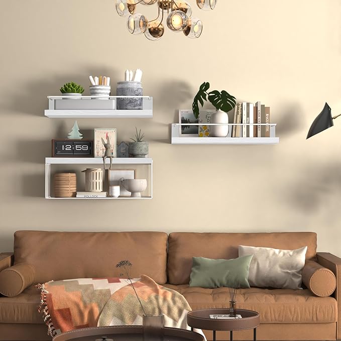 Bathroom Shelves Over Toilet for Wall, Floating Shelves with Storage Basket Paper Holer for Kitchen Living Room, Bedroom & Classroom, Set of 3 (White)