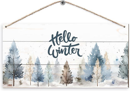 DUXMNAMG Hello Winter Welcome Hanging Wooden Signs 12x6, Pine Tree Decor, Winter Door Decorations, Winter Door Sign, Rustic Winter Christmas Snowflakes Trees Home Room Office Hanging Wall Decor