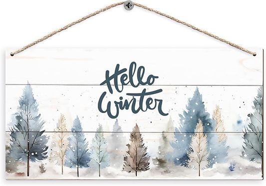 DUXMNAMG Hello Winter Welcome Hanging Wooden Signs 12x6, Pine Tree Decor, Winter Door Decorations, Winter Door Sign, Rustic Winter Christmas Snowflakes Trees Home Room Office Hanging Wall Decor