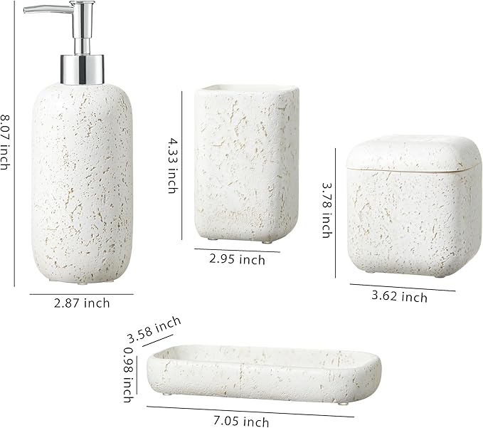 4-Pieces Bathroom Accessory Set Hight Quality Polyresin Ensemble-Lotion Dispenser/Toothbrush Holder/Cotton Jar/Soap Dish, Cream Color