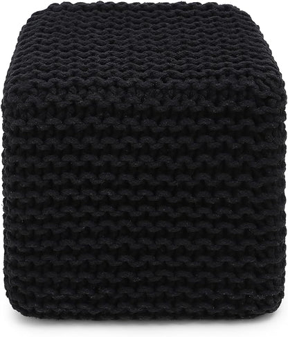 REDEARTH Cube Pouf Foot Stool Ottoman - Hand Knitted Poof - Cord Boho Pouffe - Home Décor - Stuffed Footrest for Living Room - Bedroom - Covered Patio (16" x 16" x 16") - Black